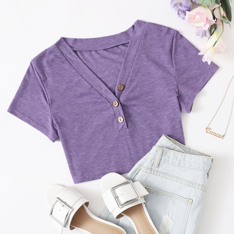 

Solid Button Crop Tee, Violet purple