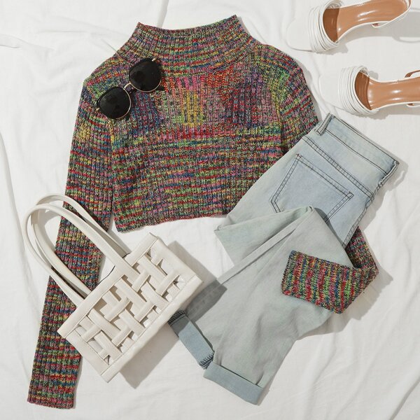 

High Neck Space Dye Rib-knit Crop Sweater, Multicolor