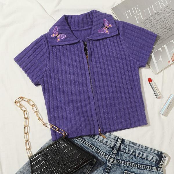 

Zip Up Butterfly Embroidery Cardigan, Violet purple