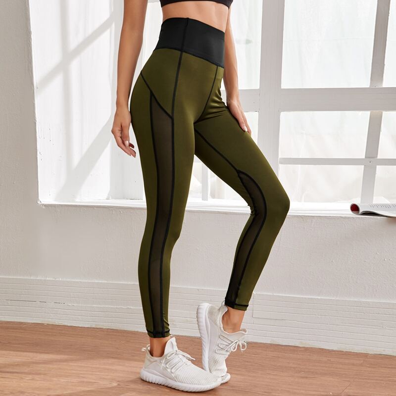 

Contrast Mesh High Waist Sports Leggings, Army green