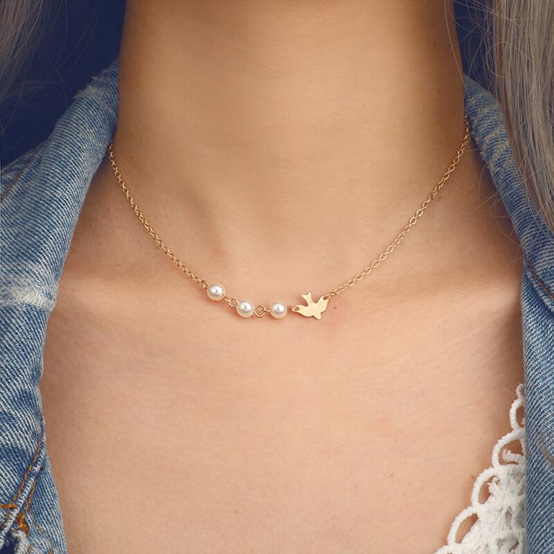 

Faux Pearl & Seagull Clavicle Necklace, Gold