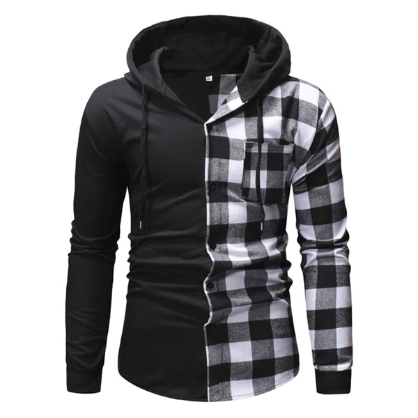 

Men Two Tone Buffalo Plaid Hooded Shirt, Black and white