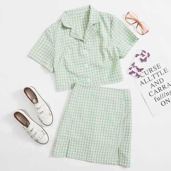 

Button Front Plaid Blouse & Slit Skirt Set, Mint green