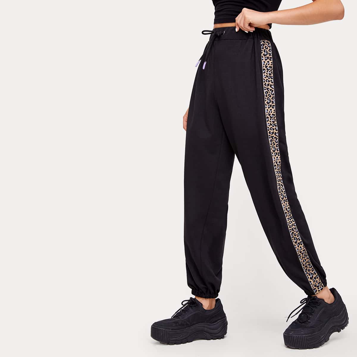 

Leopard Side Panel Sweatpants, Black