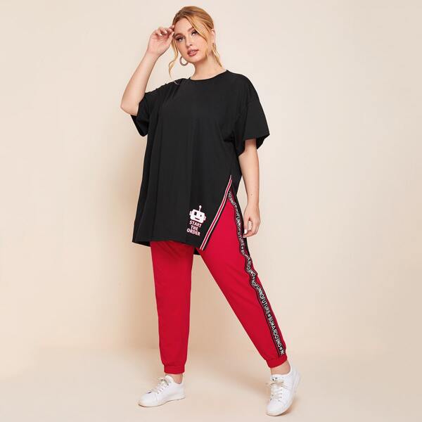 

Plus Letter Graphic Striped Tape Split Hem Top & Pants Set, Multicolor