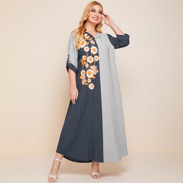 

Plus Sunflower Print Button Front Plaid Maxi Dress, Multicolor