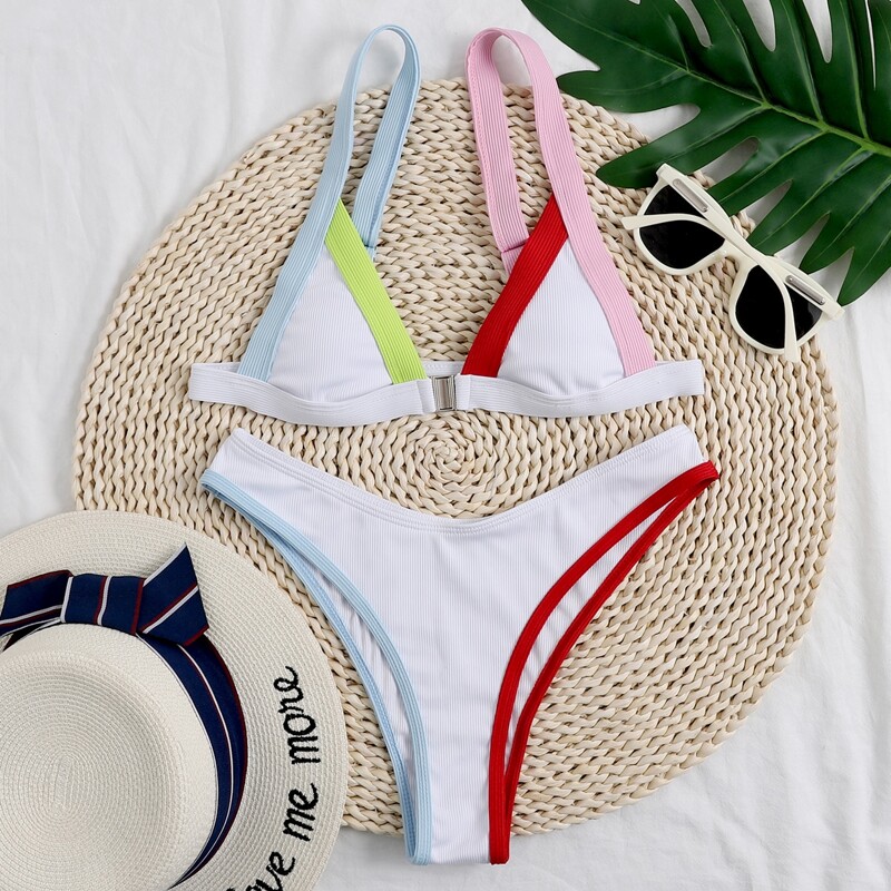 

Rib Contrast Binding Triangle Bikini Swimsuit, White