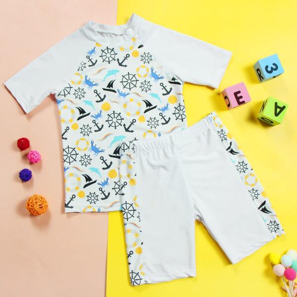 

Boys Random Graphic Print Swimsuit, White
