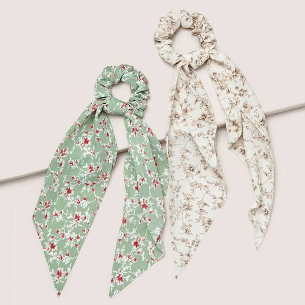 

2pcs Flower Printed Scrunchie Scarf, Multicolor