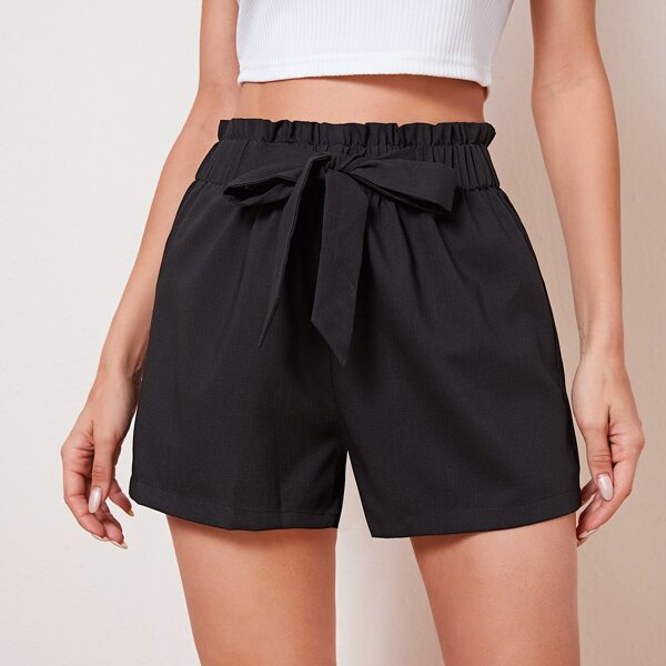 

Paperbag Waist Tie Front Shorts, Black