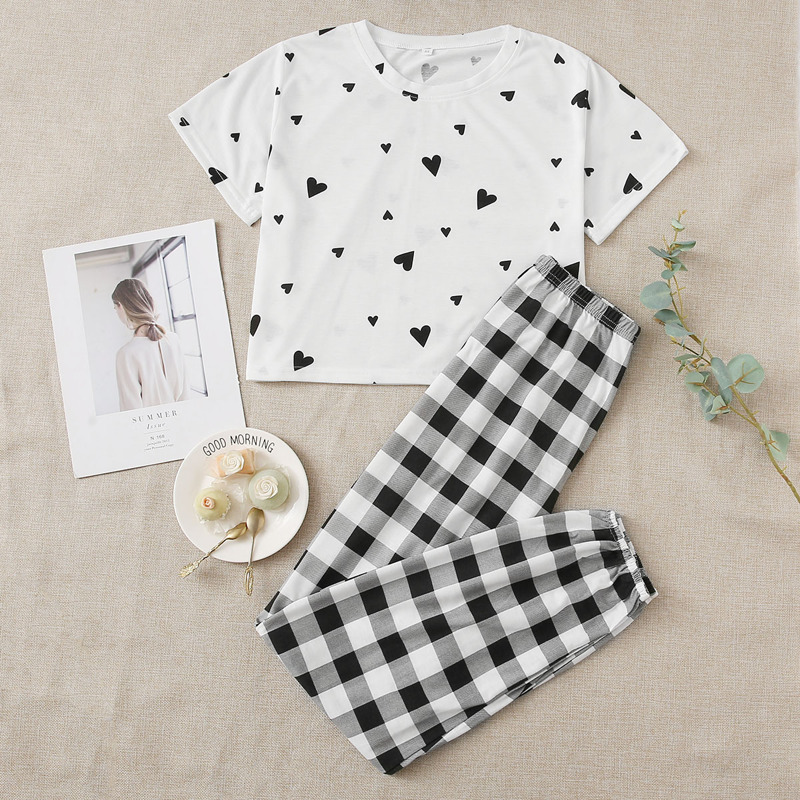 

Heart Print Tee & Buffalo Plaid Pants PJ Set, Black and white