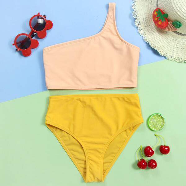 

Girls Color Block One Shoulder Bikini Swimsuit, Multicolor