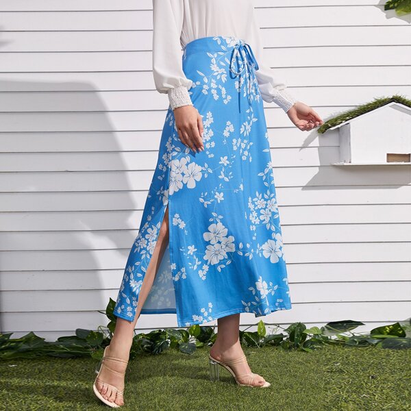 

Floral Print Slit Hem Knot Skirt, Blue