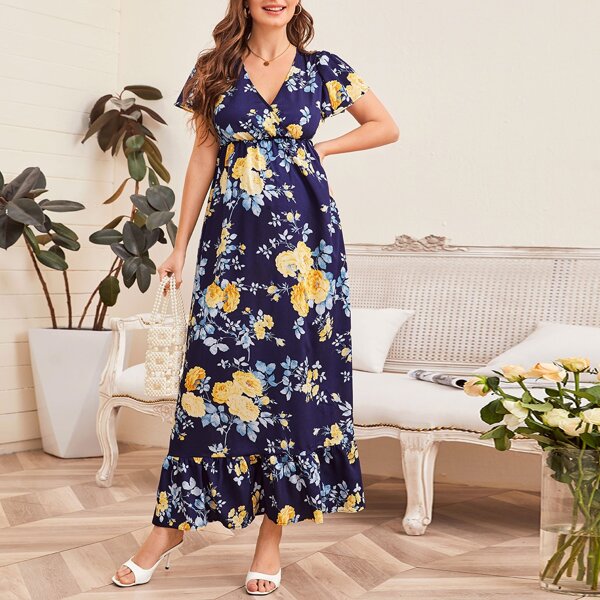 

Maternity Flutter Sleeve Ruffle Hem Floral Maxi Dress, Navy blue