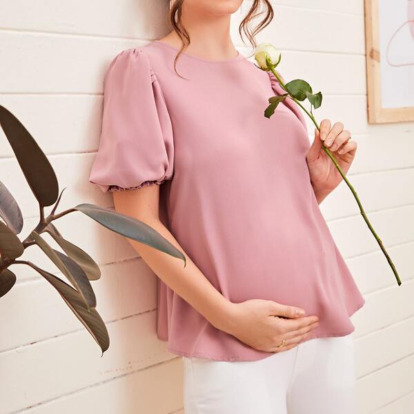 

Maternity Keyhole Back Bishop Sleeve Solid Top, Dusty pink