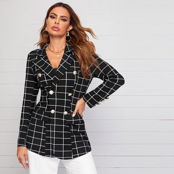 

Notch Collar Double Breasted Plaid Blazer, Black