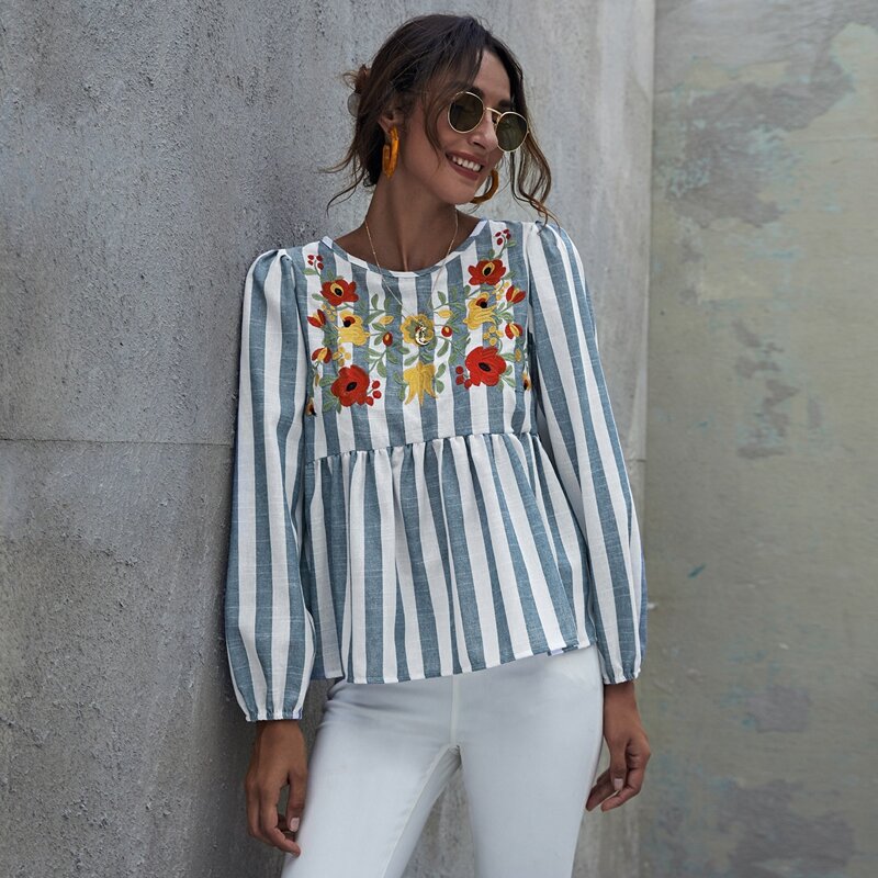

Embroidered Flower Striped Peplum Top, Multicolor