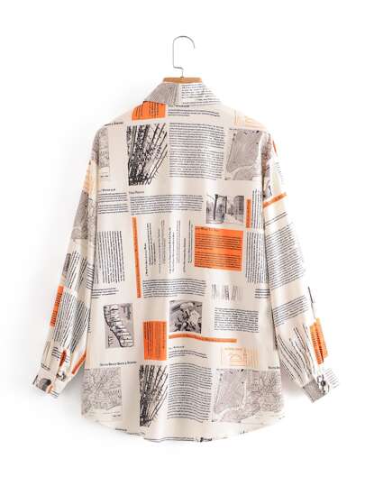 Newspaper Print Button Up Blouse