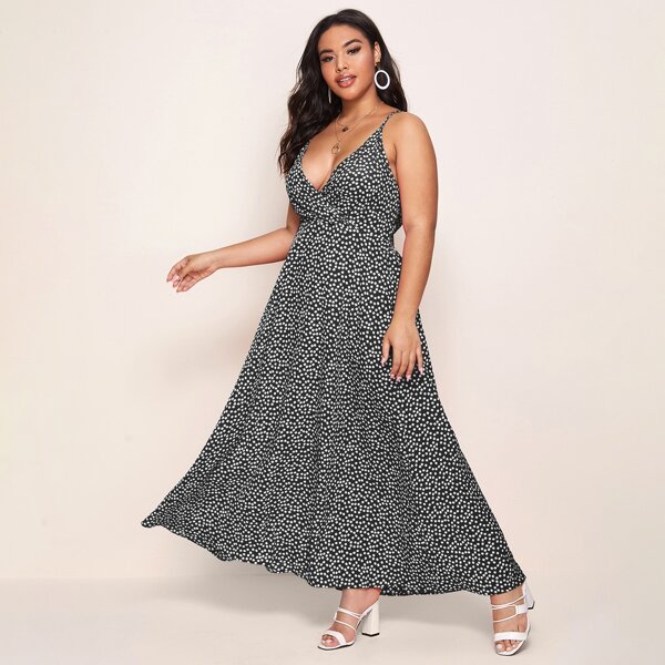 

Plus Tie Back Ditsy Floral Print Cami Dress, Black