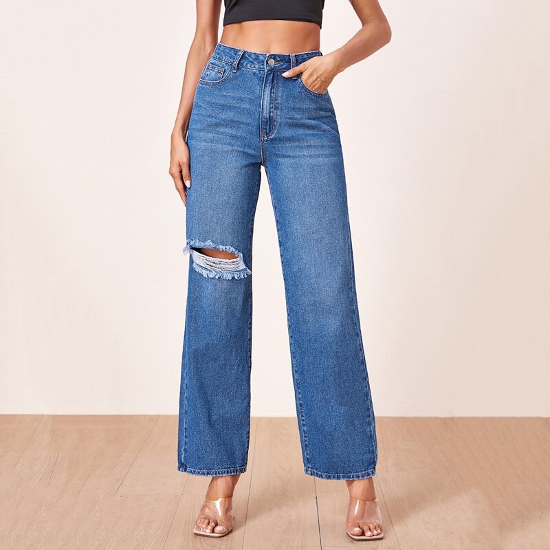 

Ripped Detail Wide Leg Jeans, Medium wash