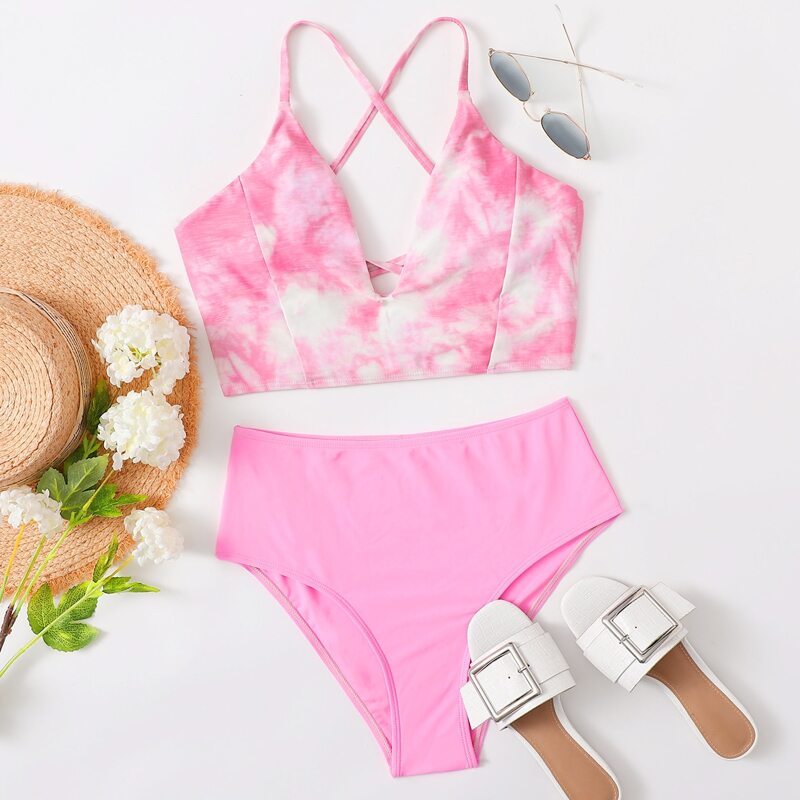

Tie Dye High Waisted Bikini Swimsuit, Pastel baby pink