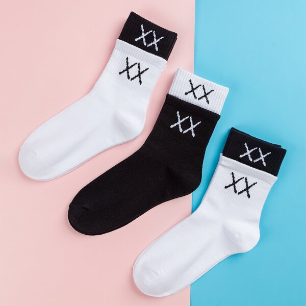 

3pairs Two Tone Socks, Black and white