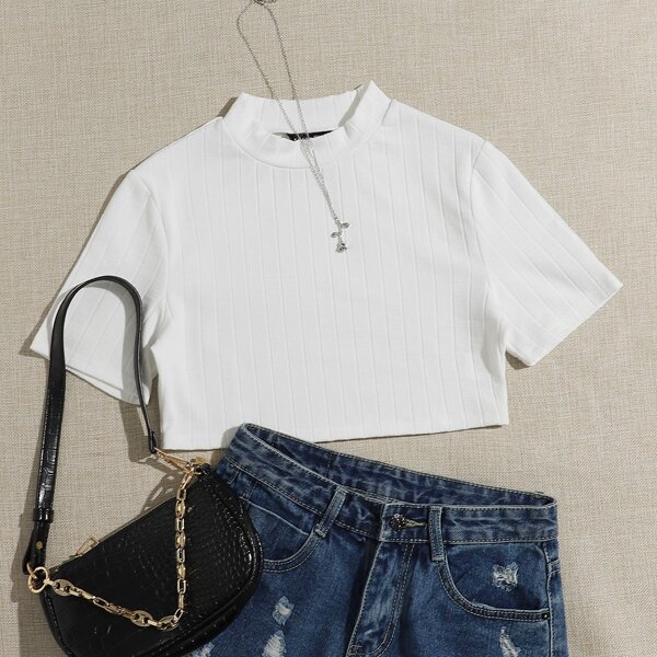 

Mock-Neck Rib-knit Crop Top, White