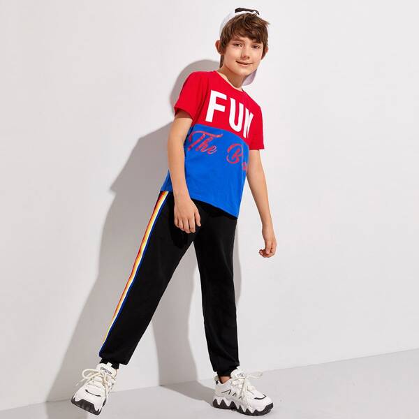 

Boys Two Tone Letter Graphic Top & Rainbow Striped Sideseam Pants Set, Multicolor