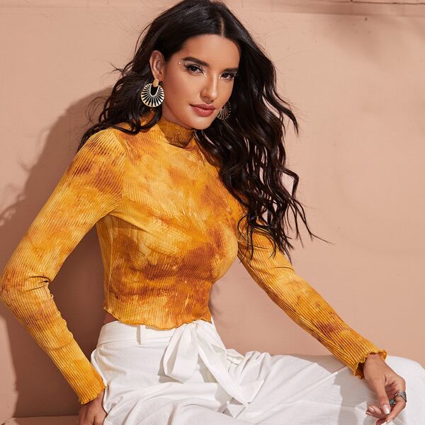 

Mock-Neck Lettuce Trim Tie Dye Crop Top, Mustard yellow