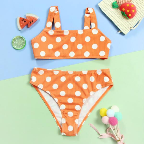 

Girls Polka Dot Rib Bikini Swimsuit, Orange