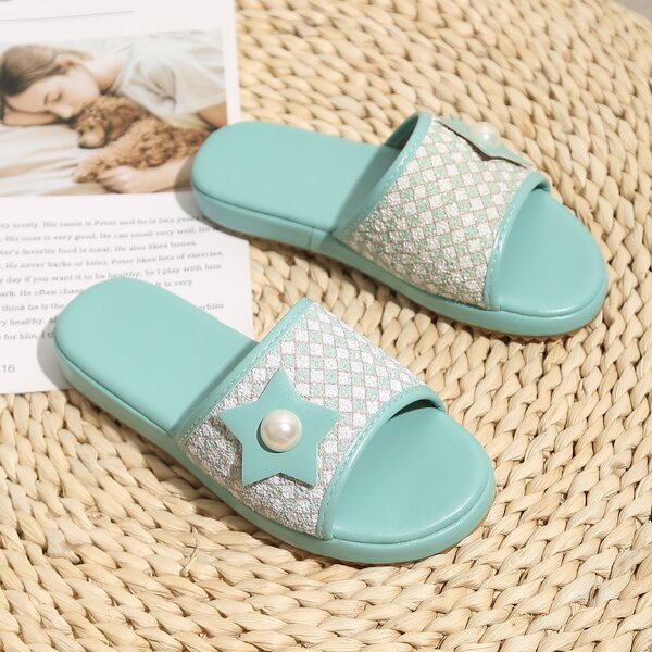 

Toddler Girls Faux Pearl Decor Plaid Slides, Green