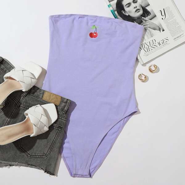 

Cherry Print Tube Bodysuit, Pastel lilac purple