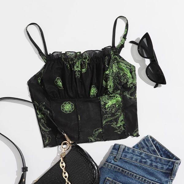 

Dragon Print Ruched Bust Cami, Black