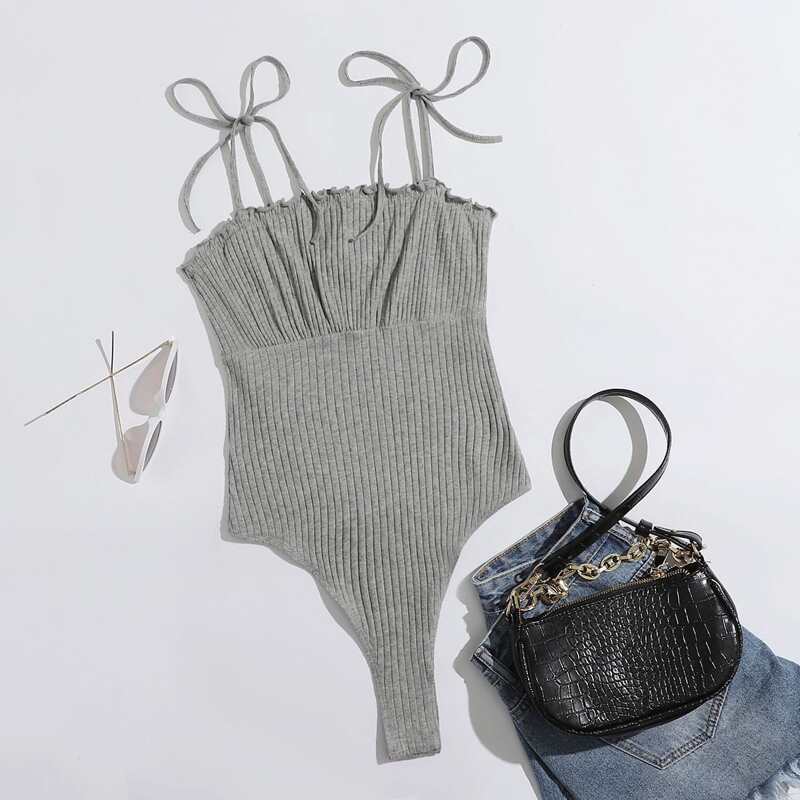 

Tie Shoulder Ruched Bust Rib-knit Cami Bodysuit, Grey