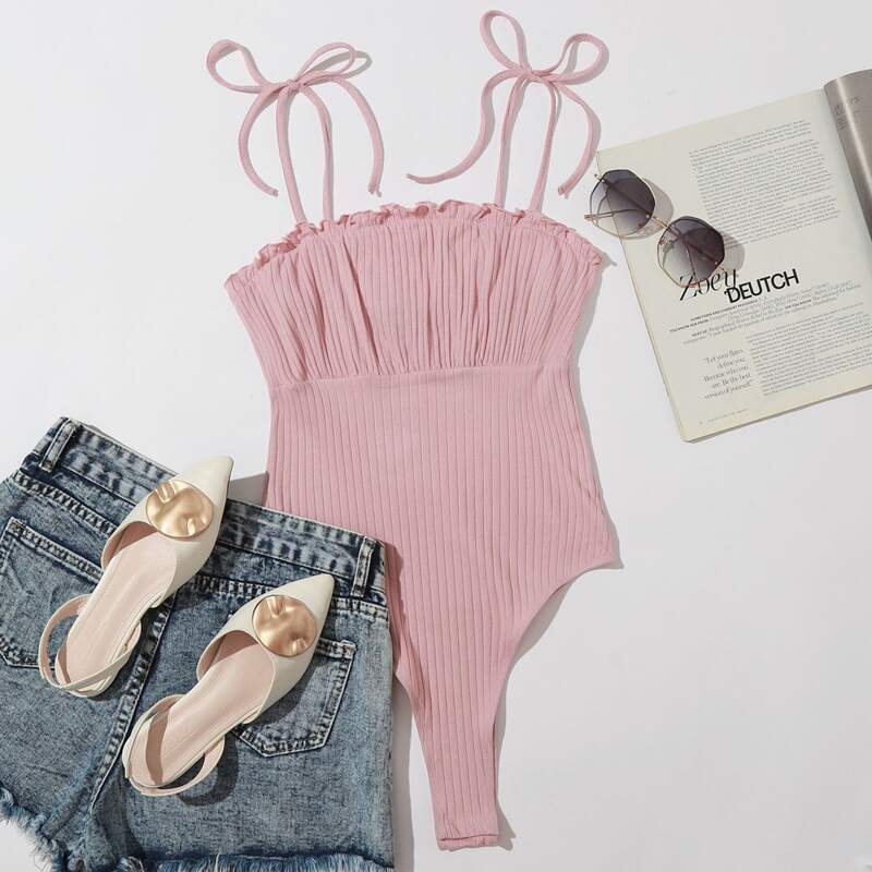 

Tie Shoulder Ruched Bust Rib-knit Cami Bodysuit, Dusty pink