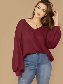 SHEIN LUNE Plus Drop Shoulder Lantern Sleeve Waffle Knit Tee - Burgundy - View 1