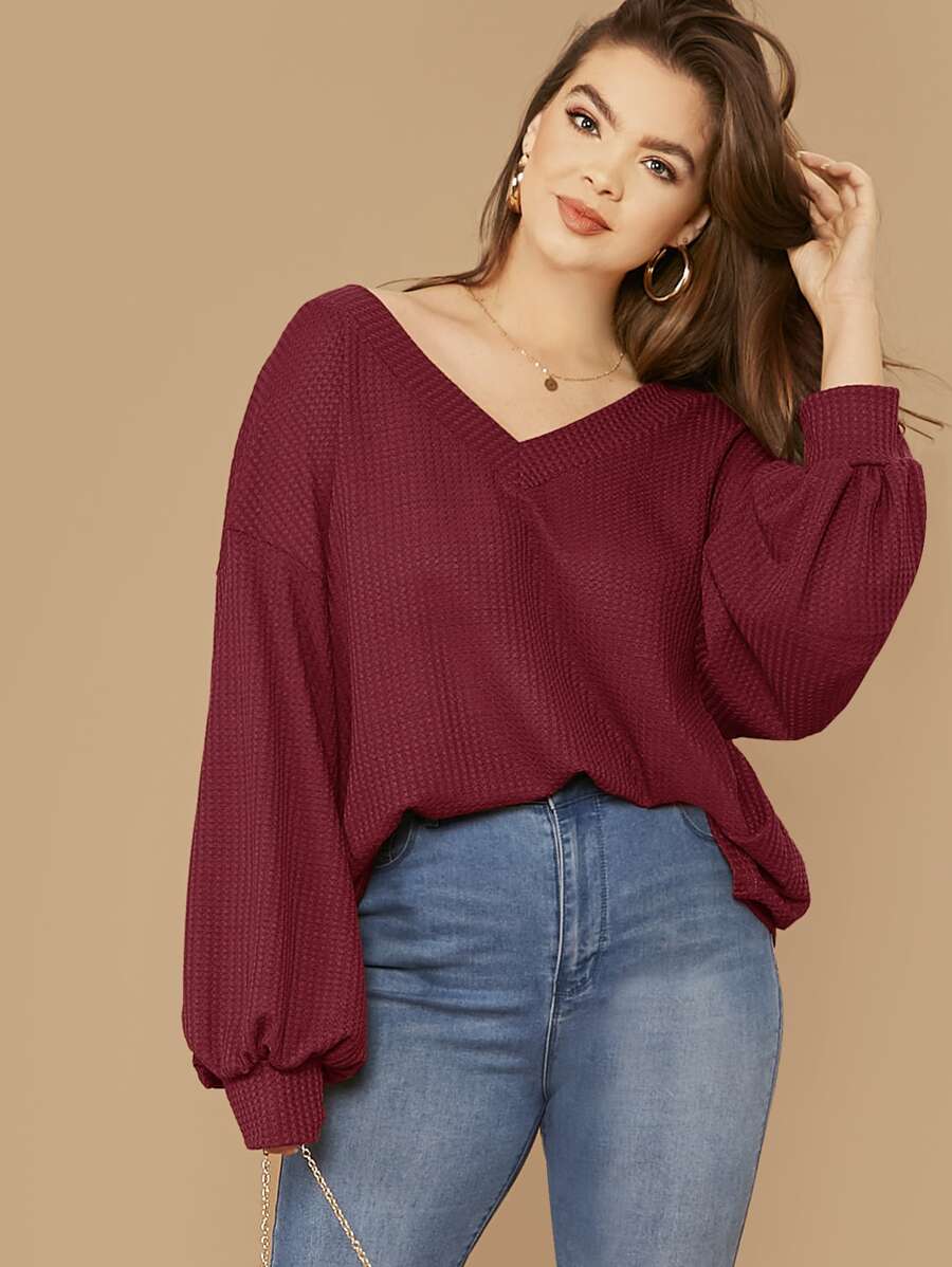 SHEIN LUNE Plus Drop Shoulder Lantern Sleeve Waffle Knit Tee - Burgundy - View 1