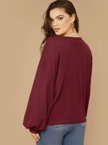 SHEIN LUNE Plus Drop Shoulder Lantern Sleeve Waffle Knit Tee - Burgundy - View 2