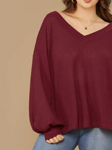 SHEIN LUNE Plus Drop Shoulder Lantern Sleeve Waffle Knit Tee - Burgundy - View 3