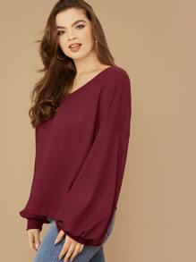 SHEIN LUNE Plus Drop Shoulder Lantern Sleeve Waffle Knit Tee - Burgundy - View 4