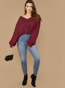 SHEIN LUNE Plus Drop Shoulder Lantern Sleeve Waffle Knit Tee - Burgundy - View 5