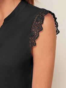 SHEIN Clasi Notch Neck Guipure Lace Cuff Top - Black - View 5