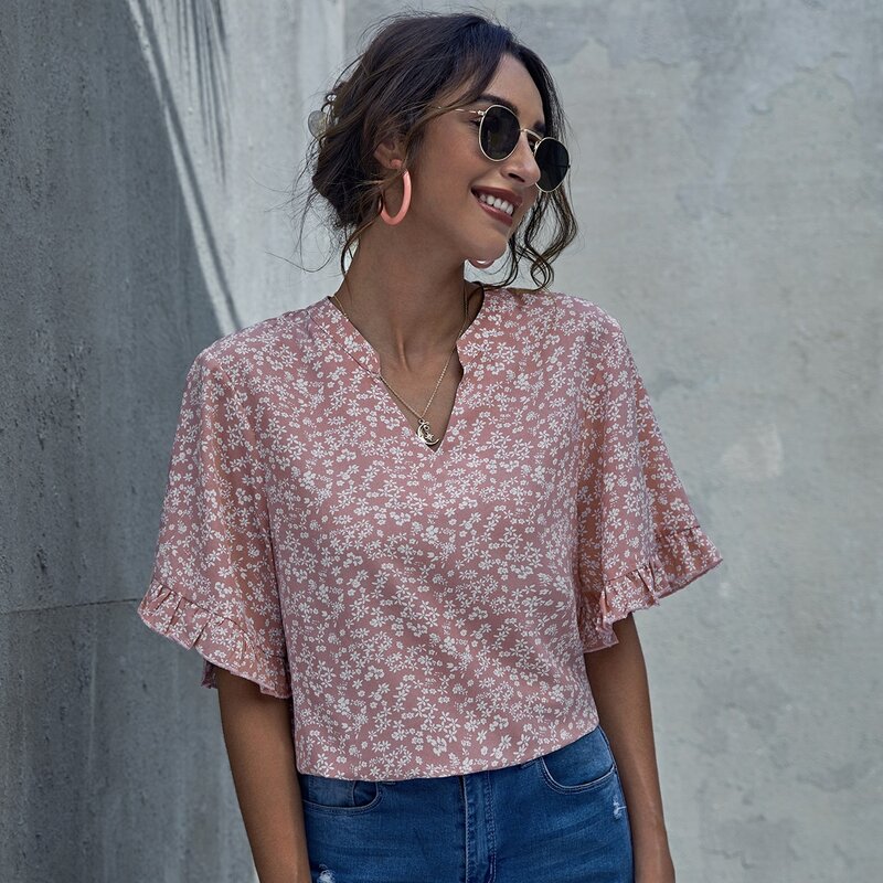 

Notch Neck Ruffle Cuff Ditsy Floral Top, Dusty pink