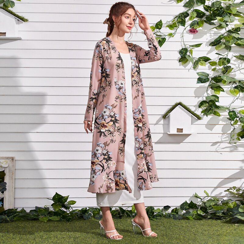 

Floral Print Ruffle Hem Kimono, Dusty pink
