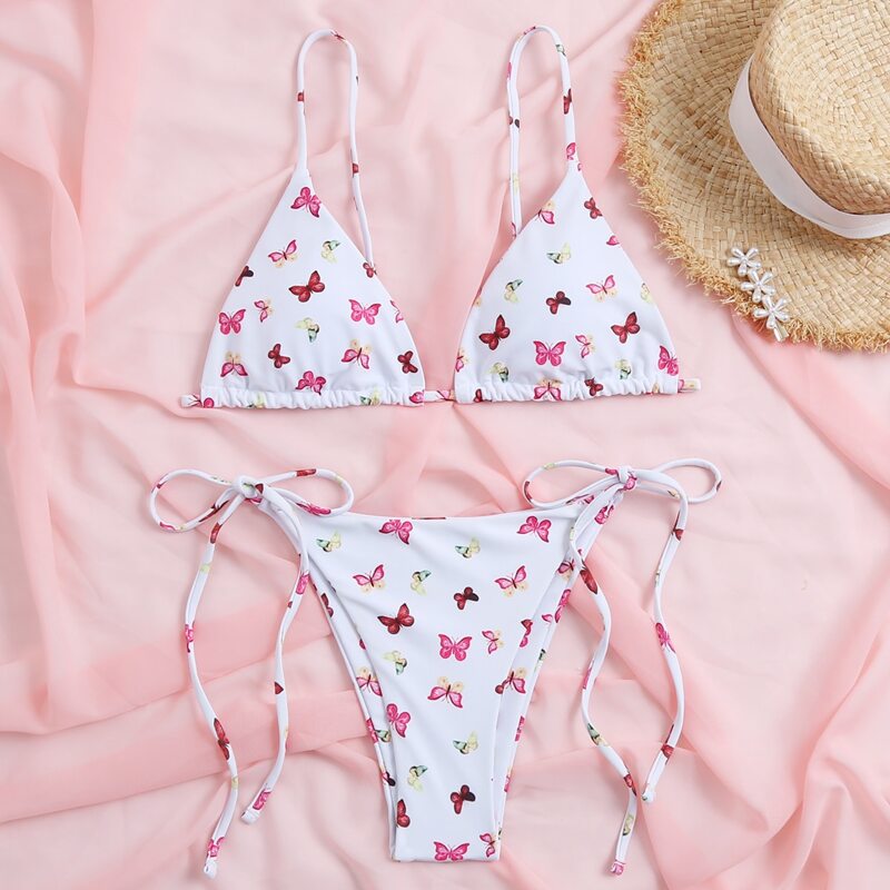 

Butterfly Print Triangle Tie Side Bikini Swimsuit, White