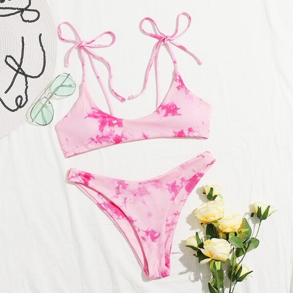 

Tie Dye Rib Tie Shoulder Bikini Swimsuit, Pastel baby pink