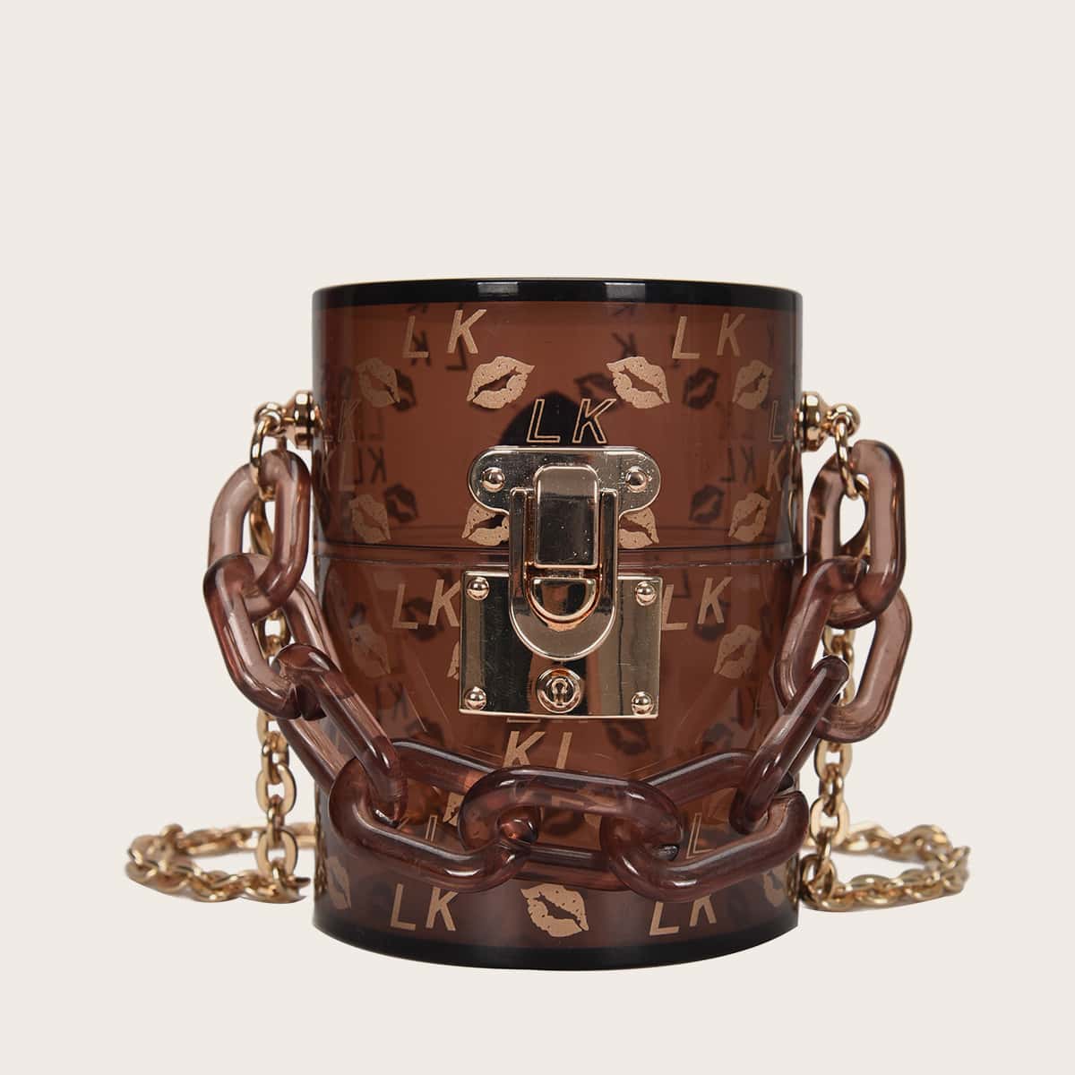 

Mini Clear Letter Graphic Bucket Bag, Brown
