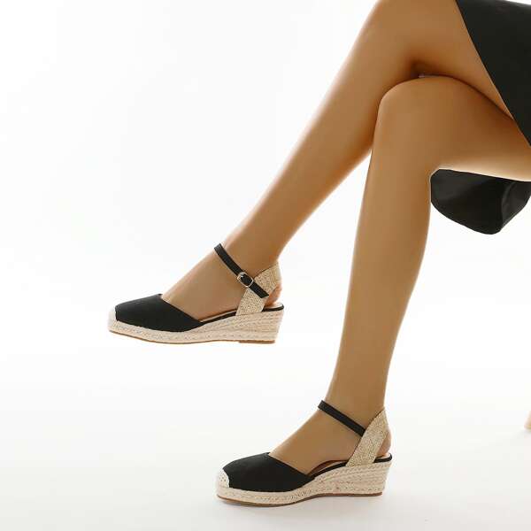 

Cap Toe Ankle Strap Espadrille Wedges, Black