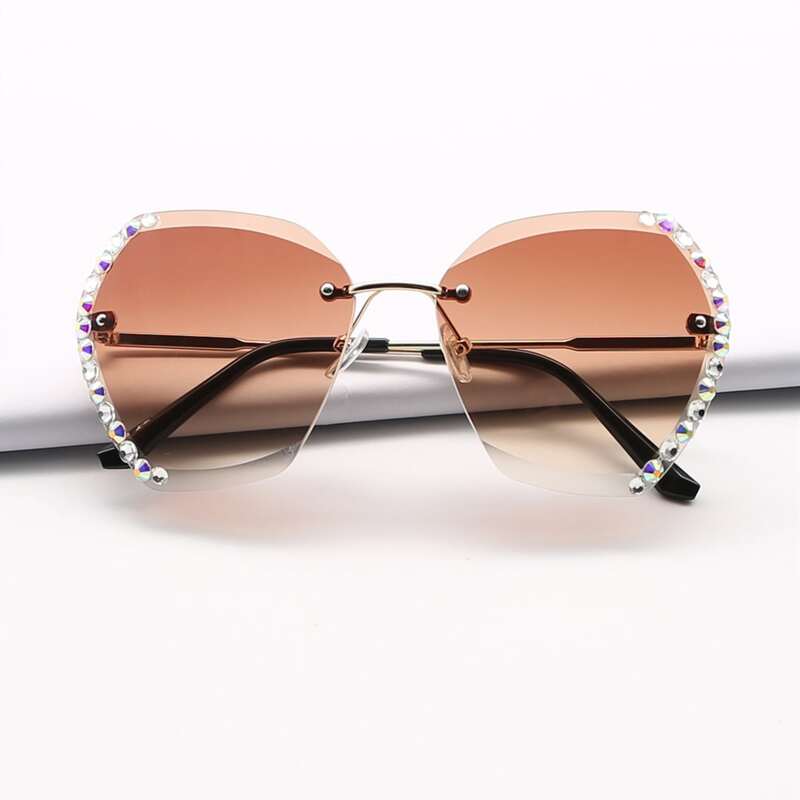 

Rhinestone Decor Rimless Sunglasses, Coffee brown