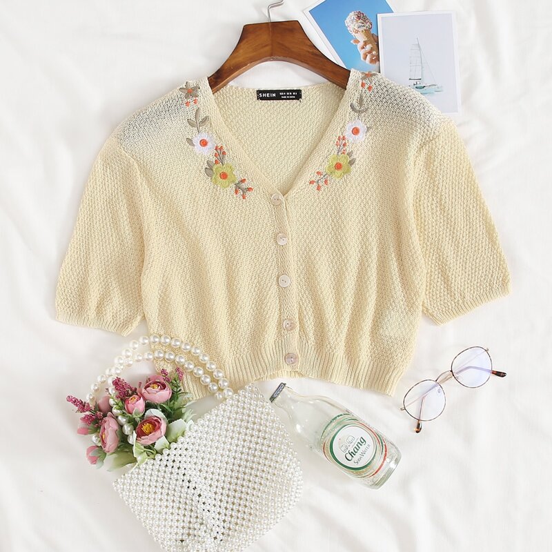 

Button Front Embroidered Flower Cardigan, Beige